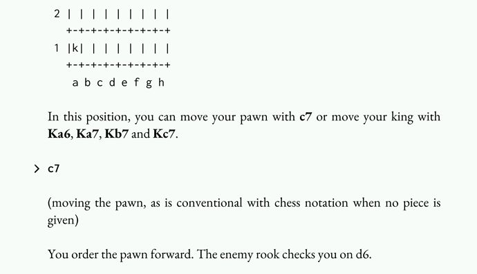 Screenshot of You Won't Get Her Back, with a bit of the ASCII chessboard, some listed moves, a typed-out command in chess notation, and a description of the opponent's move.