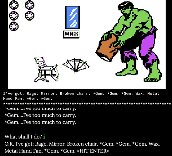 The inventory screen of Questprobe featuring the Hulk Apple II version, with an image of The Hulk emptying a sack to the right and a picture for every item in the inventory to the left