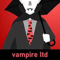 Cover art for Vampire Ltd from IF Comp 2020 (a simple, stylised line-drawing of a vampire with an umbrella)