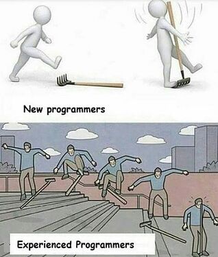 A stick figure taking a step onto a rake which pops up and smackes them in the face is captioned "New Programmers". Another figure, captioned "experienced programmers" is riding a rake down a set of stair railings, doing spins and tricks, and when they finally dismount, they... step on the rake and smack themselves in the face.
