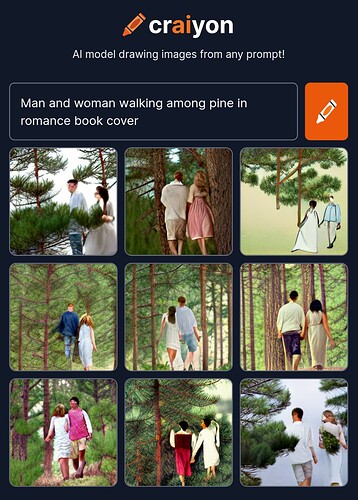 craiyon_080820_Man_and_woman_walking_among_pine_in_romance_book_cover