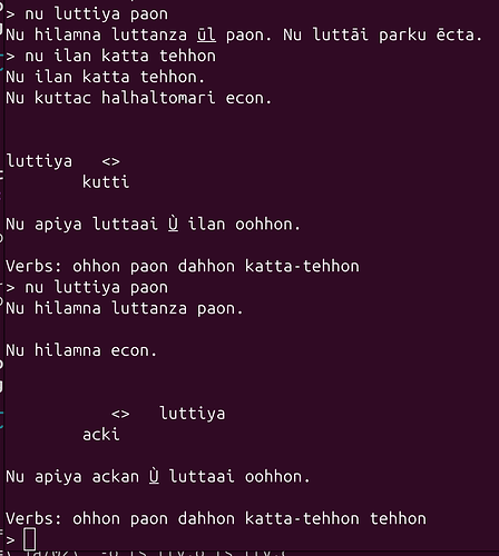A screenshot of parser IF running in a terminal, filled with incomprehensible Hittite text.