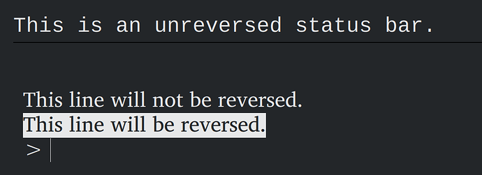 unreversed status bar, unreversed first div, reversed second div
