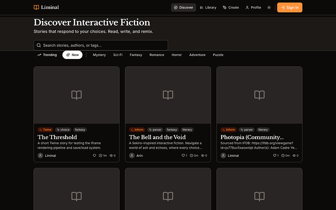 Discover page with story cards