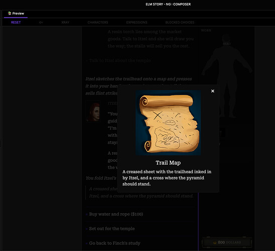 Elm Story (revival) showing pop-over modal windows for images.