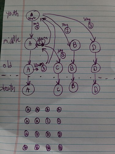 a diagram of a node graph with 4 separate ages, "youth", "middle", "old", and "death". it starts at youth A and based on what you say and learn at certain ages, branches into 4 separate paths which are labeled A through D