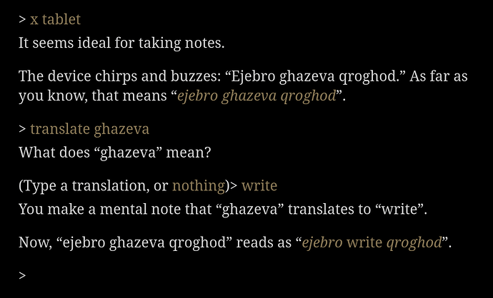 The player supplies the word "write". The text now reads "ejebro write qroghod".