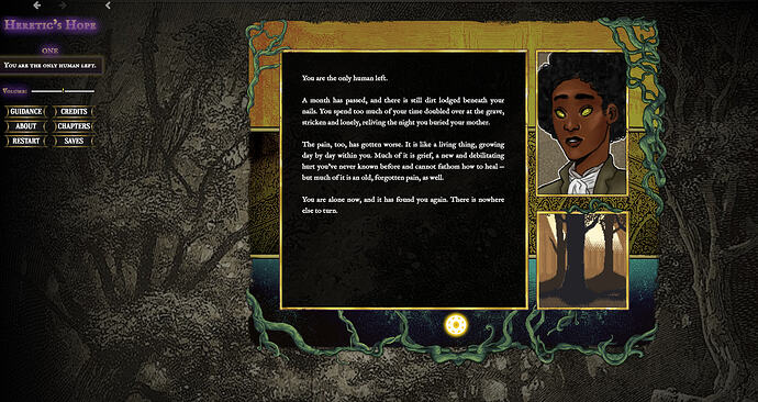 Heretic's Hope by G. Baccaris showing heavily styled layout, text, and image windows.