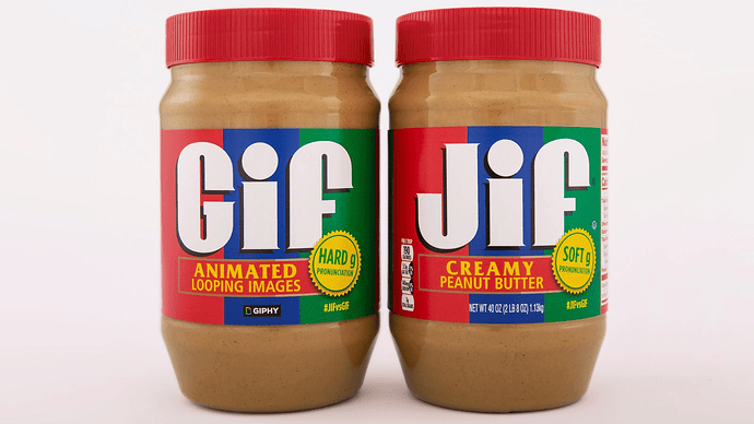 Two peanut butter jars. The right one is Jif brand, labelled with "creamy peanut butter" and "soft g pronunciation". The left one is jokingly called Gif, labelled with "animated looping images" and "hard g pronunication".