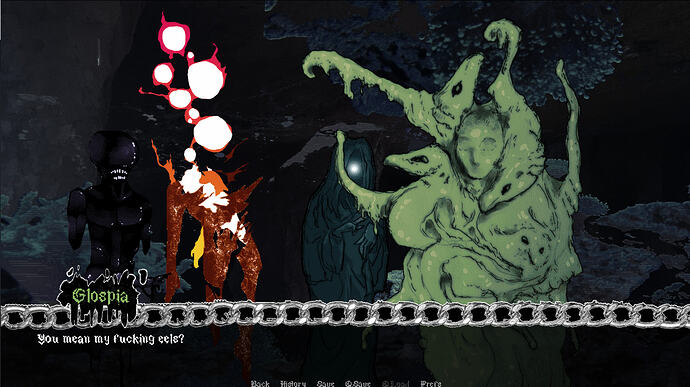 A large slime being with multiple heads and tendrils faces a hooded figure, a sort of skinny floating person with many white lights in place of a head, and a lipless and vaguely obscene torso. The text reads "Glospia: You mean my fucking eels?"
