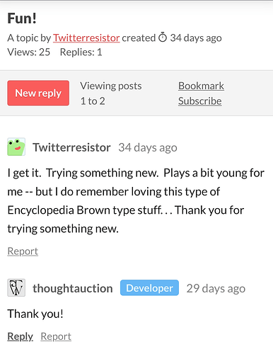 A screenshot from itch.io. User Twitterresistor makes a topic called "Fun!" 34 days ago and gives a positive review of Mystery Academy. ThoughtAuction replies "Thank you!".