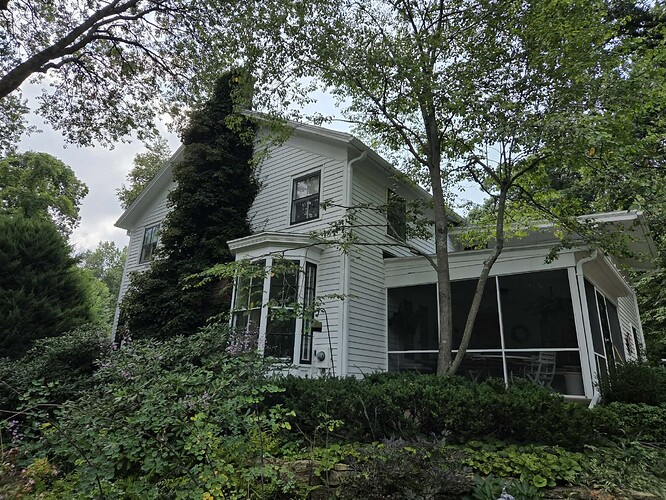 A large white house with a porch, a lot of greenery, and a bay window on the front.