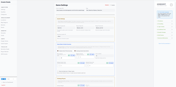An image showing the settings screen for ChronicleHub within the Creator Studio. It displays a sidebar on the left with text to access other areas of the creator studio, a sidebar on the right to access a cheatsheet for the ScribeScript coding language, and in the middle is a form for the game settings.