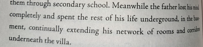 "Meanwhile the father lost his mind completely and spent the rest of his life underground, in the basement, continually extending his network of rooms and corridors underneath the villa."