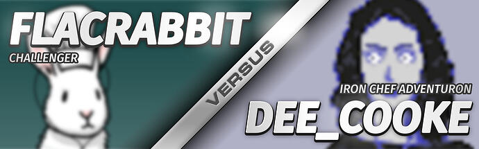 a banner divided into two halves, one per competing chef. The background of each half shows the image from each chef's forum avatar. Overlaid text reads "Challenger FLACRabbit versus Iron Chef Adventuron dee_cooke"