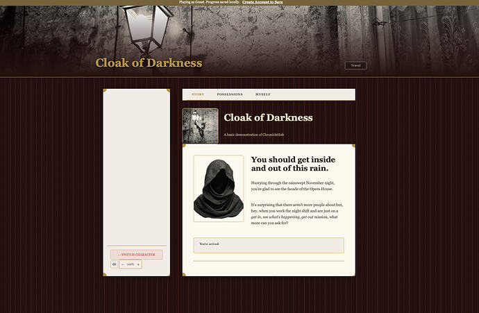 ChronicleHub's Fallen London-like QBN layout allows banners, backgrounds, and side images relating to text passages.