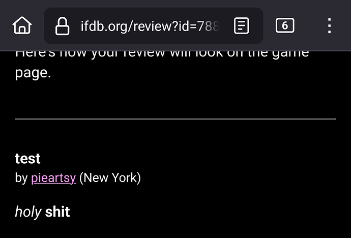 Screenshot of review preview page reading "holy shit". "Holy" is in italics and "shit" is in boldface.