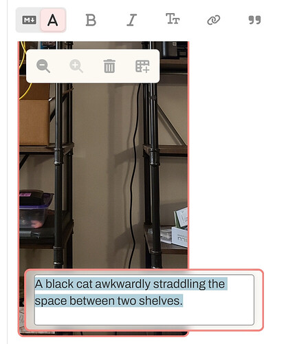 A screenshot of the alt text editor for an image in the Discourse "html mode".