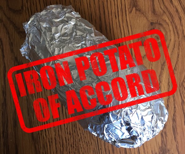 A potato wrapped in aluminum foil. Well, something wrapped in foil, a least. Could be a stubby burrito for all we know. Iron Potato of Accord is superimposed in red, styled like a rubber stamp.