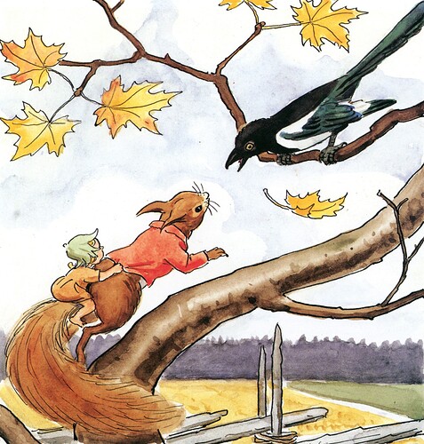 Girl-riding-a-squirrel-looking-at-a-bird