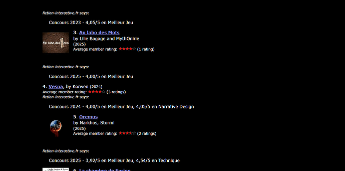 Screenshot of an IFDB list. Item 4 doesn't have cover art which creates inconsistencies in the layout.