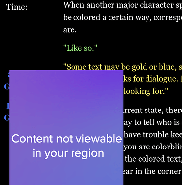 Screenshot from Saintsridge Angels tutorial; a pop-up is a blue rectangle saying "Content not viewable in your region".