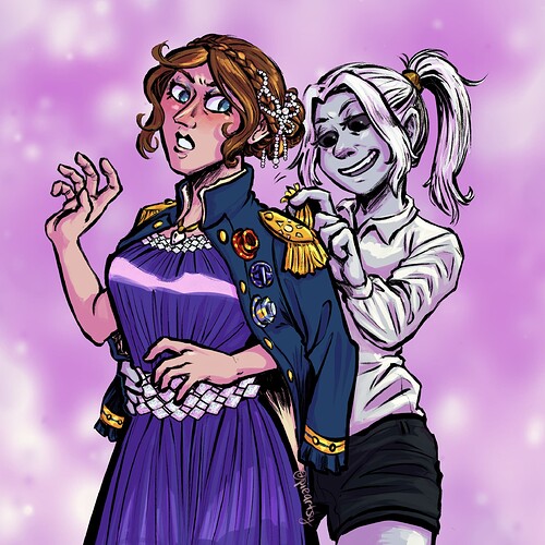 An illustration of Cathabel and Dor from Forsaken Denizen. Cathabel is dressed in a gown, jewelry, an updo, and a space naval coat around her shoulders. Meanwhile Dor is dressed in a plain white blouse. Dor is tugging teasingly at the epaulettes of the space naval coat. Cathabel looks indignant but is blushing. There are sparkles.