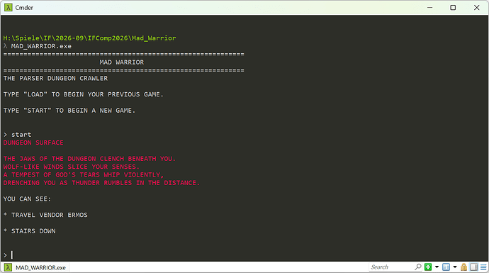 A screenshot of Cmder running Mad Warrior with red room title and description text.
