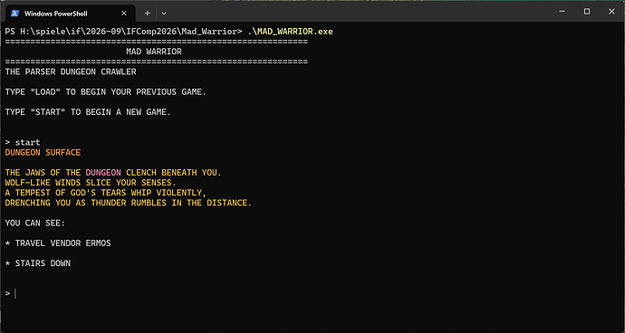 A screenshot of Windows Terminal running Mad Warrior with multiple colours.