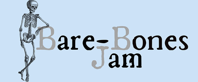 The header for the Bare-Bones Jam. A skeleton is standing, its arm resting on the B of Bare