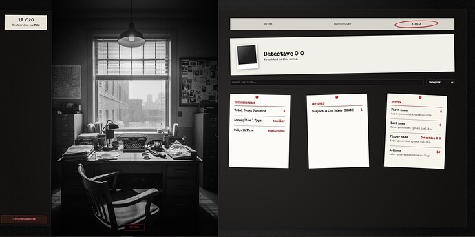 An image of a text game. On the left sidebar is just a timer and a button to switch character, in the middle a picture of an office in black and white, on the right is several layout items to inform the user of their character and qualities this character and their world possesses.
