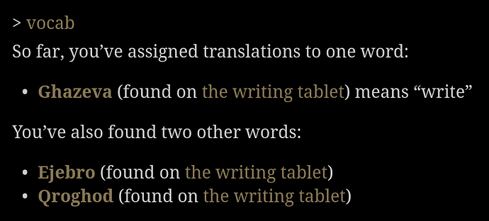 The game displays the three alien words and shows that only one has a translation supplied. It also says where in the game each one appears.