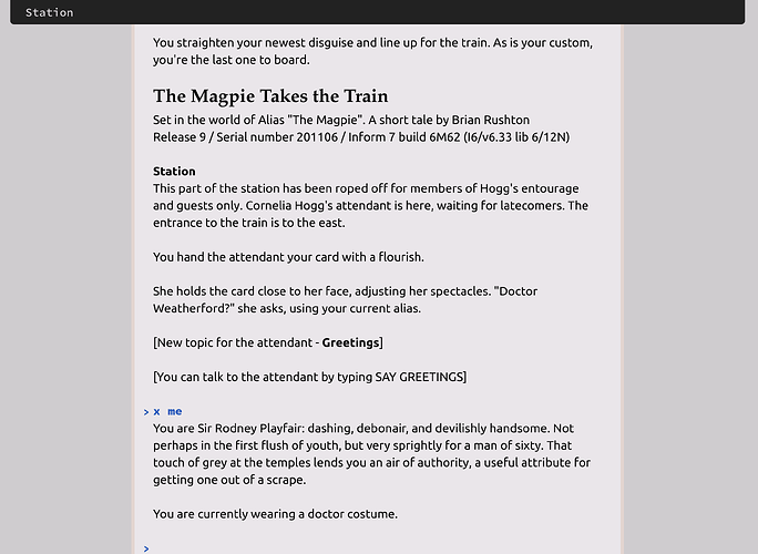 A screenshot of Parchment running Brian Rushton's The Magpie Takes the Train