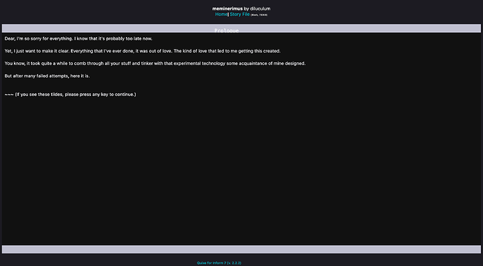 Screenshot of the opening of the game "meminerimus" illustrating the text and background colors and the word "Prologue" being cut off by the bottom of the status bar.