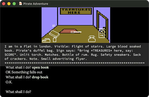 Image of the initial room, Flat in London, from Pirate Adventure on the Commodore 64, with the items on the floor drawn as white sprites.