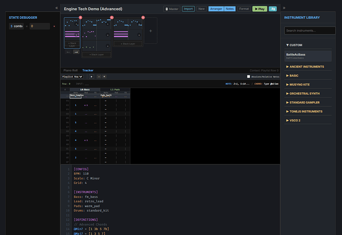 Image of a digital audio workstation interface, showing an arrangement view at the top, a Tracker-type editing interface in the middle, the source code at the bottom, a debugging column at the left and an instrument library on the right side.