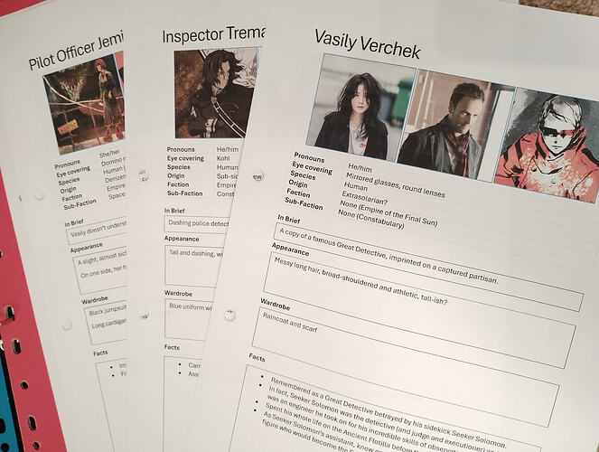Three character factsheets for Vasily Verchek, Inspector Tremain and Emi respectively. Each starts with three inspirational reference images - Vasily has images of Lee Young-ae in Inspector Koo, Jonny Lee Miller in Elementary and Strangelove in Metal Gear Solid: Peace Walker. Then there's a table of basic facts like pronouns, species and preferred eye covering. Finally there are boxes labelled "In Brief", "Appearance", "Wardrobe" and "Facts".