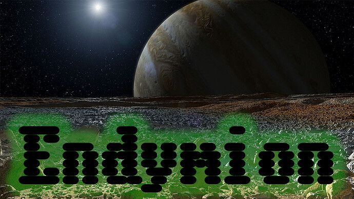 The name "Endymion" in an old microcomputer font overlaid onto a barren alien landscape, with Jupiter rising over it in the distance