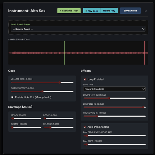 An image of a menu showing options for editing a digital instrument. At the top are buttons for instrument playback, saving and closing the menu and inserting an instrument into the track directly. Below this is a waveform of the sample, and below that options related to volume and octave controls, envelope and effects such as looping and panning the sample.