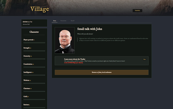 ChronicleHub from the player side, where an Actions storylet, "Small talk with John", has been opened, with helper text below. There is an illustration of a man, John, next to it, and a Free action below called "Learn more about the trader", which has a skill check.