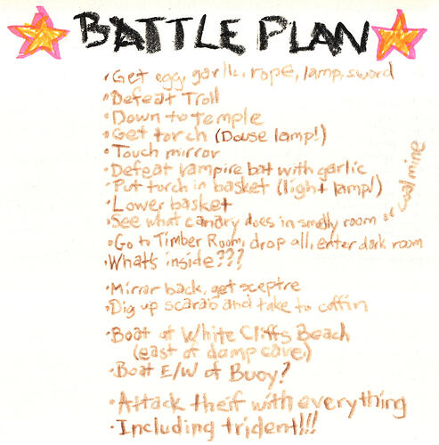 Handwritten in crayon, in the style of Kevin's plan in Home Alone: BATTLE PLAN * Get egg, garlic, rope, lamp, sword * Defeat troll * Down to temple * Get torch (Douse lamp!) * Touch mirror * Defeat vampire bat with garlic * Put torch in baskey (light lamp!) * Lower basket * See what canary does in smelly room or coal mine * Go to Timber Room, drop all, enter dark room * What's inside??? * Mirror back, get sceptre * Dig up scarab and take to coffin * Boat at White Cliffs Beach (east of damp cave.) * Boat E/W of Buoy? * Attack theif with everything * Including trident!!!