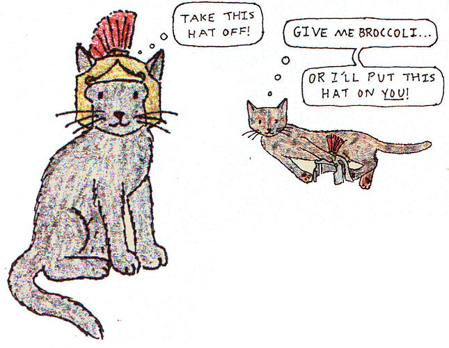 The same drawing, with the left cat crudely resized in an image editor