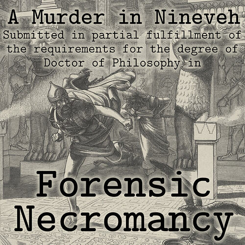 the game title superimposed on an old woodcut of an Assyrian man fleeing a palace