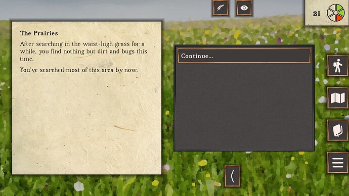 Screenshot of searching the tall grass, with a report at the end that says "You've searched most of this area by now."