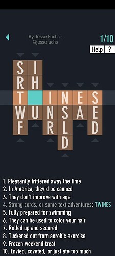 A screenshot of a word game that shows the word TWINES clued as: Strong cords, or some text adventures.