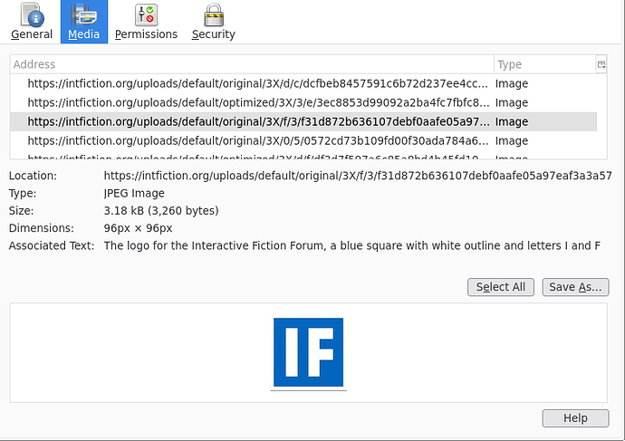 Screenshot of Firefox Page Info dialog, open to the Media tab and showing information about the same image as the previous screenshot, including the alt text under the heading "Associated Text".