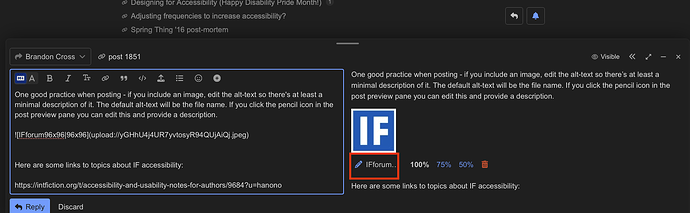 A screenshot showing the post compose pane with a red square pointing out where to click and edit the alt-text of an image.