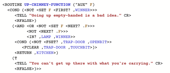 A screenshot of UP-CHIMNEY-FUNCTION in the Visible Zorker, syntax-highlighted ZIL code. See the transcript immediately below.