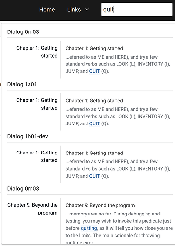 search results for quit without parentheses show the library verb