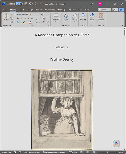 A screenshot of a word processor interface showing a text called "A Reader's Companion to I, Thief" edited by Pauline Searcy.